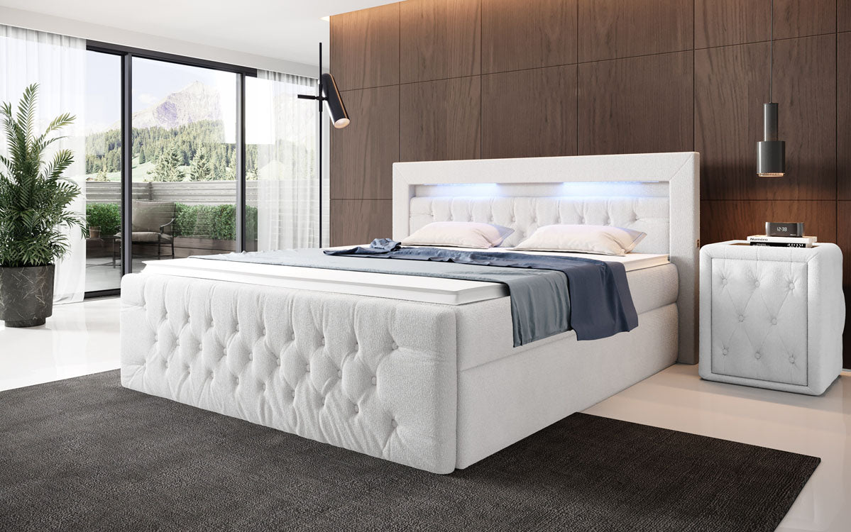 Menzogna Bouclé Box Spring Bed with LED and Storage (2 Drawers)