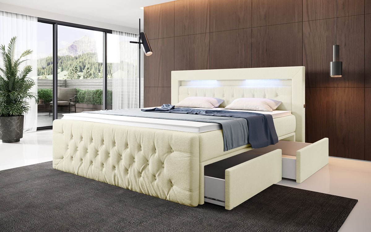 Menzogna Bouclé Box Spring Bed with LED and Storage (2 Drawers)