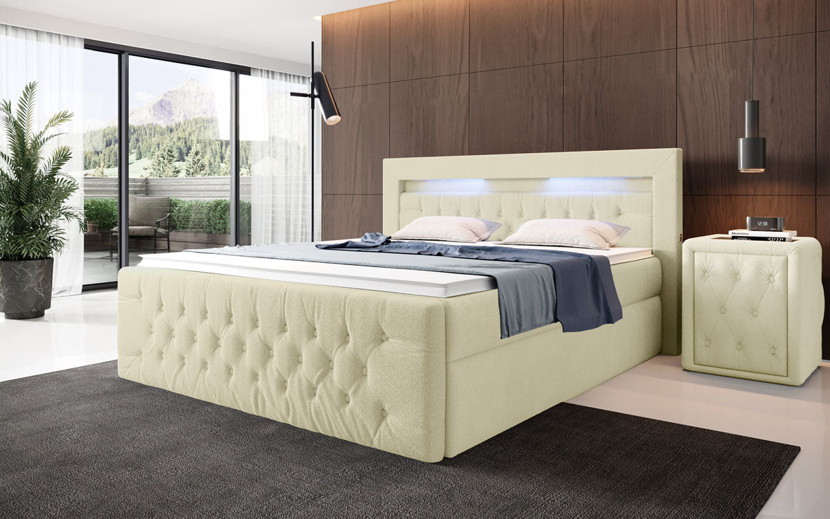 Menzogna Bouclé Box Spring Bed with LED and Storage (2 Drawers)