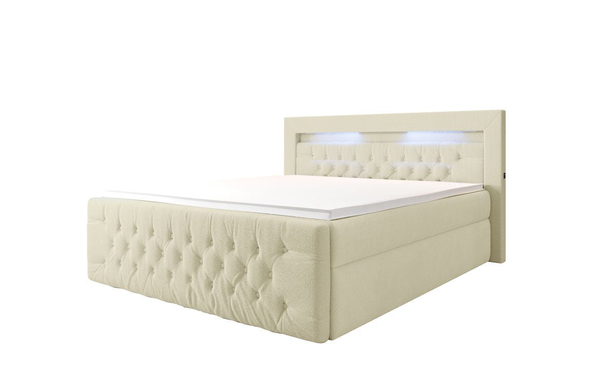 Menzogna Bouclé Box Spring Bed with LED and Storage (2 Drawers)