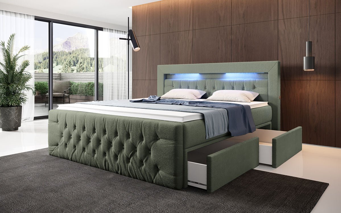 Menzogna Bouclé Box Spring Bed with LED and Storage (2 Drawers)