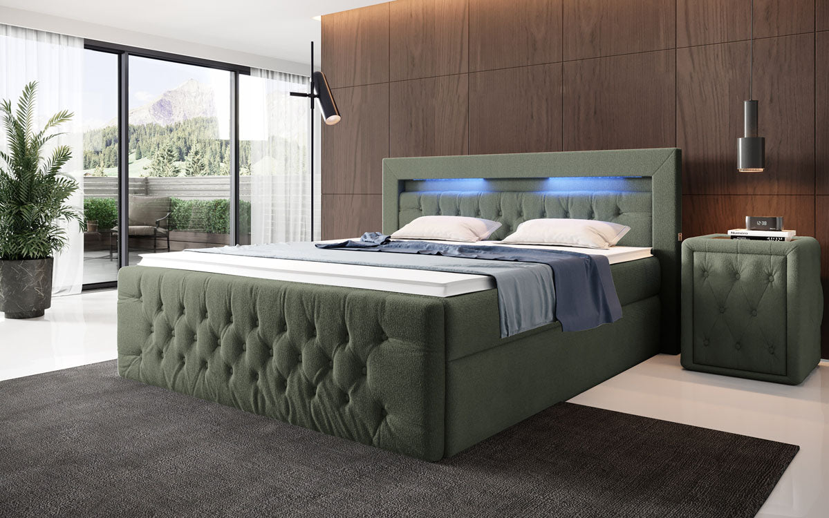 Menzogna Bouclé Box Spring Bed with LED and Storage (2 Drawers)