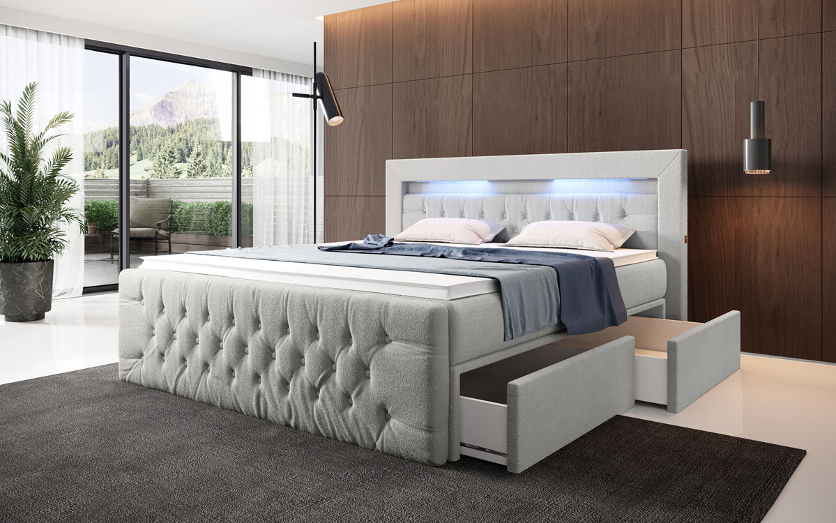 Menzogna Bouclé Box Spring Bed with LED and Storage (2 Drawers)