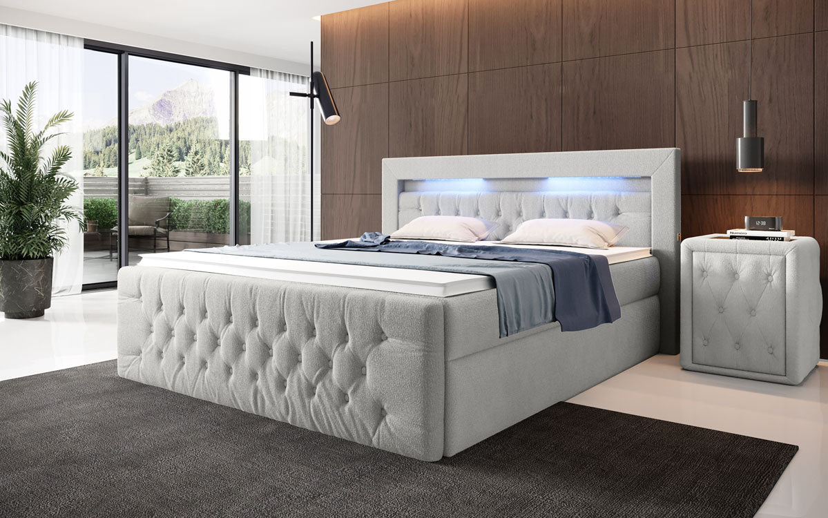 Menzogna Bouclé Box Spring Bed with LED and Storage (2 Drawers)