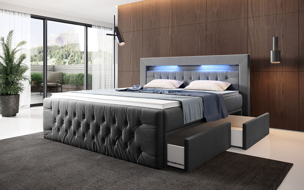 Menzogna Bouclé Box Spring Bed with LED and Storage (2 Drawers)