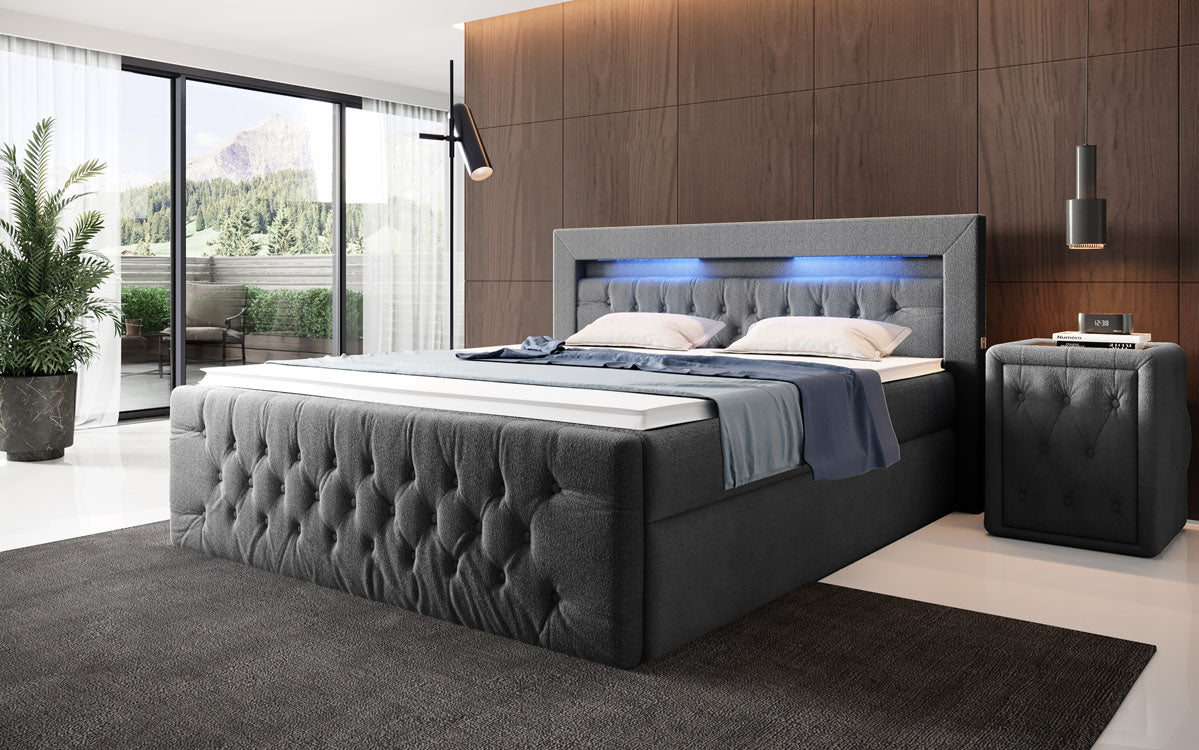 Menzogna Bouclé Box Spring Bed with LED and Storage (2 Drawers)