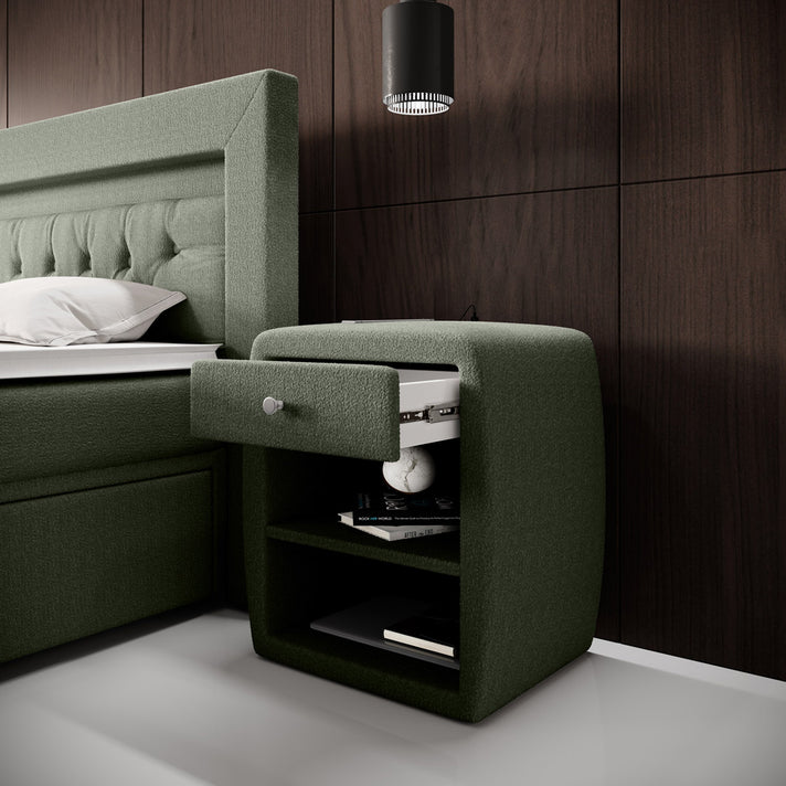 Designer bedside table Lilly with USB port in Bouclé