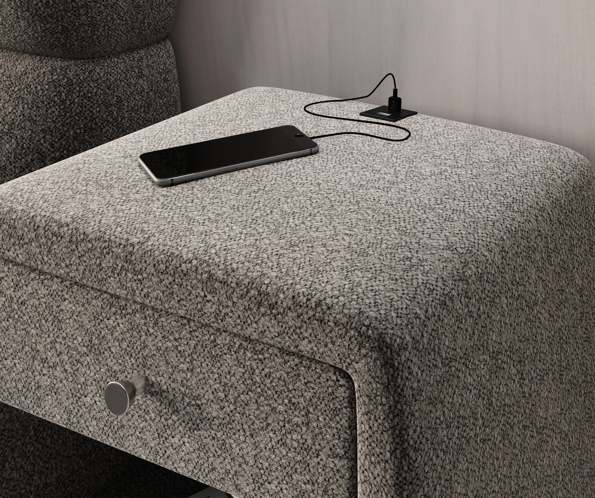 Designer bedside table Lilly with USB port in textured fabric