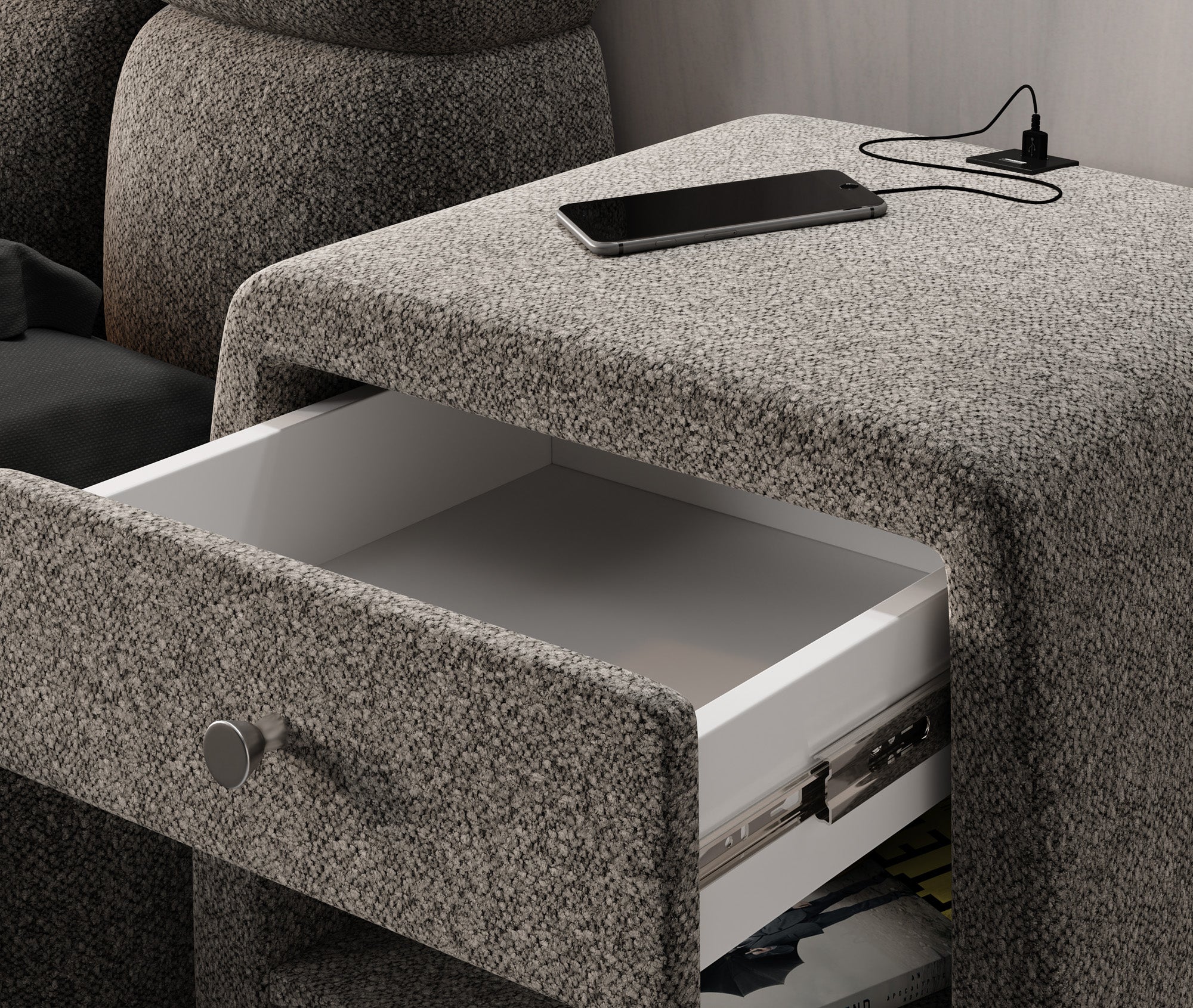 Designer bedside table Lilly with USB port in textured fabric