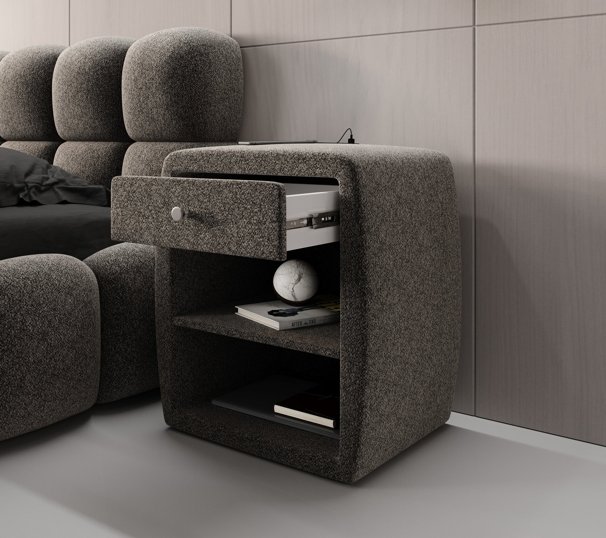 Designer bedside table Lilly with USB port in textured fabric