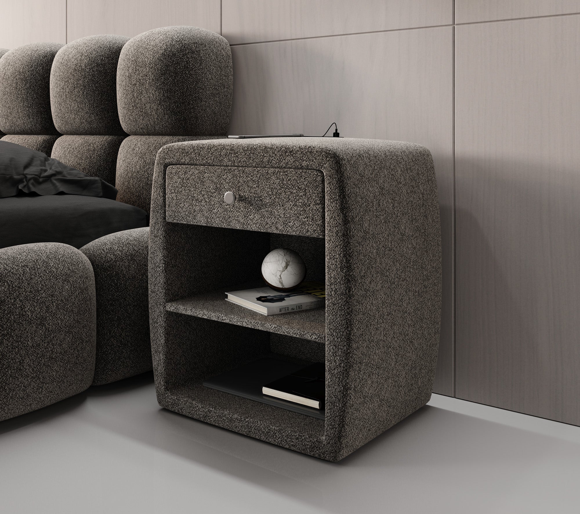 Designer bedside table Lilly with USB port in textured fabric