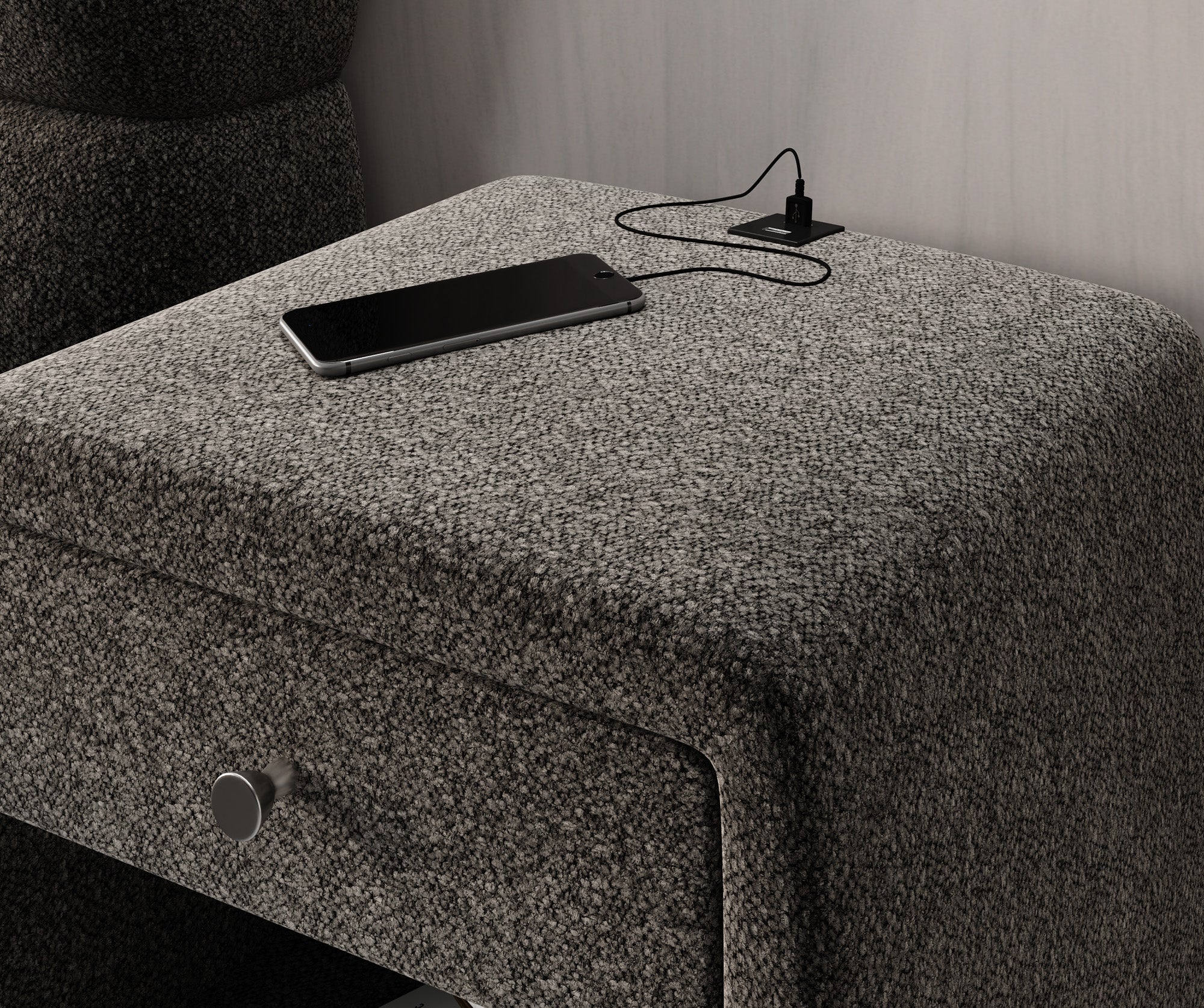 Designer bedside table Lilly with USB port in textured fabric