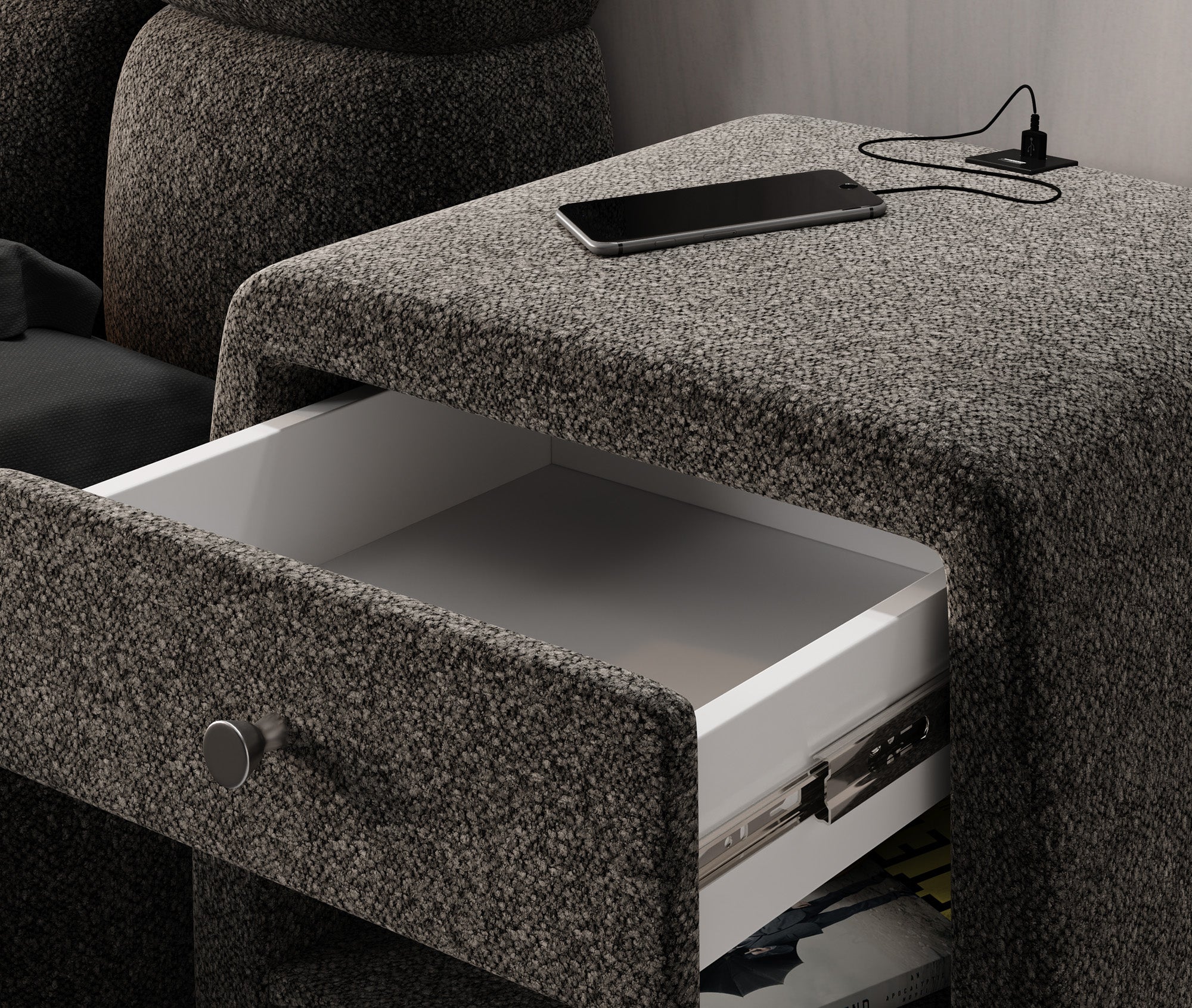 Designer bedside table Lilly with USB port in textured fabric