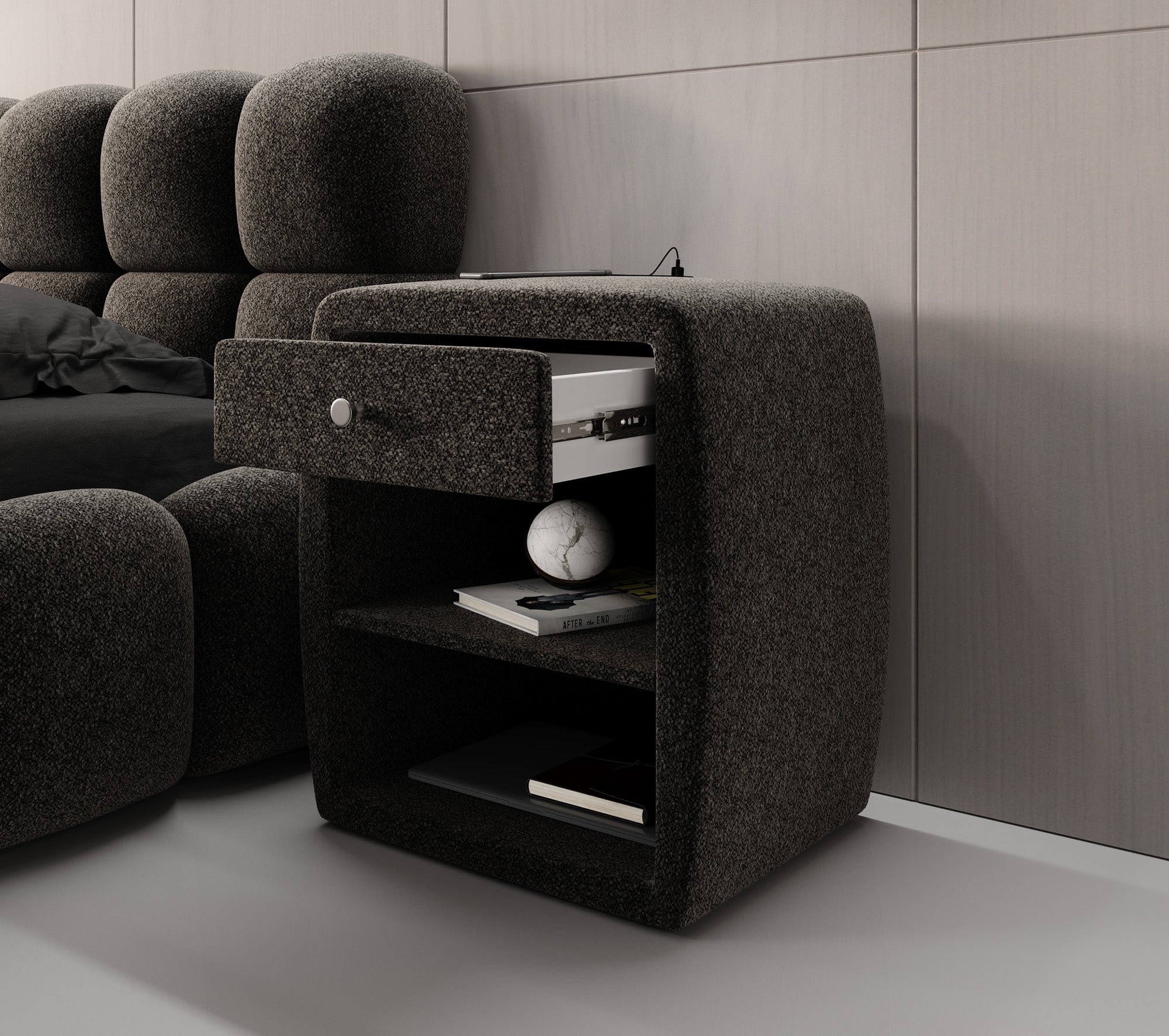 Designer bedside table Lilly with USB port in textured fabric