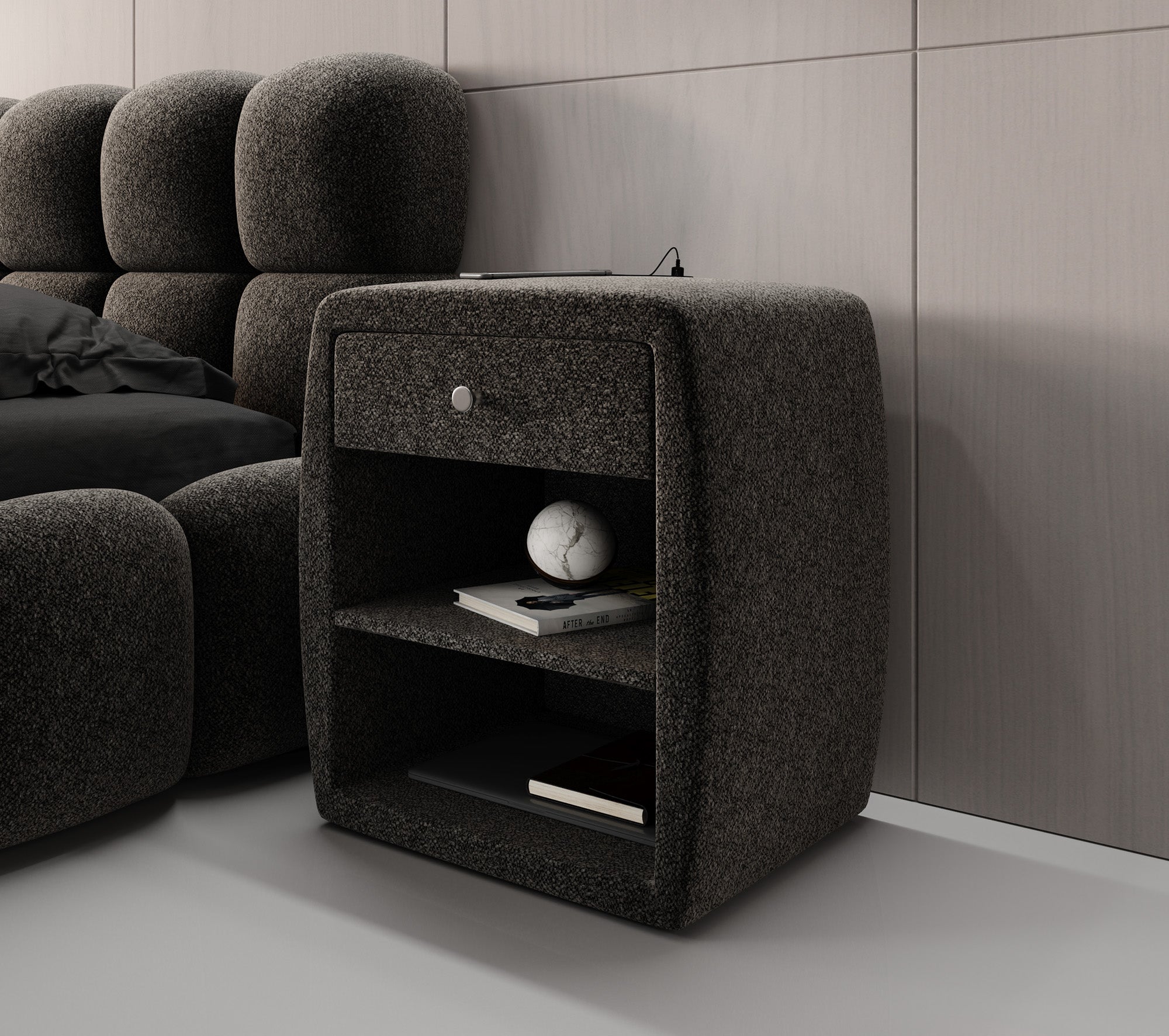 Designer bedside table Lilly with USB port in textured fabric