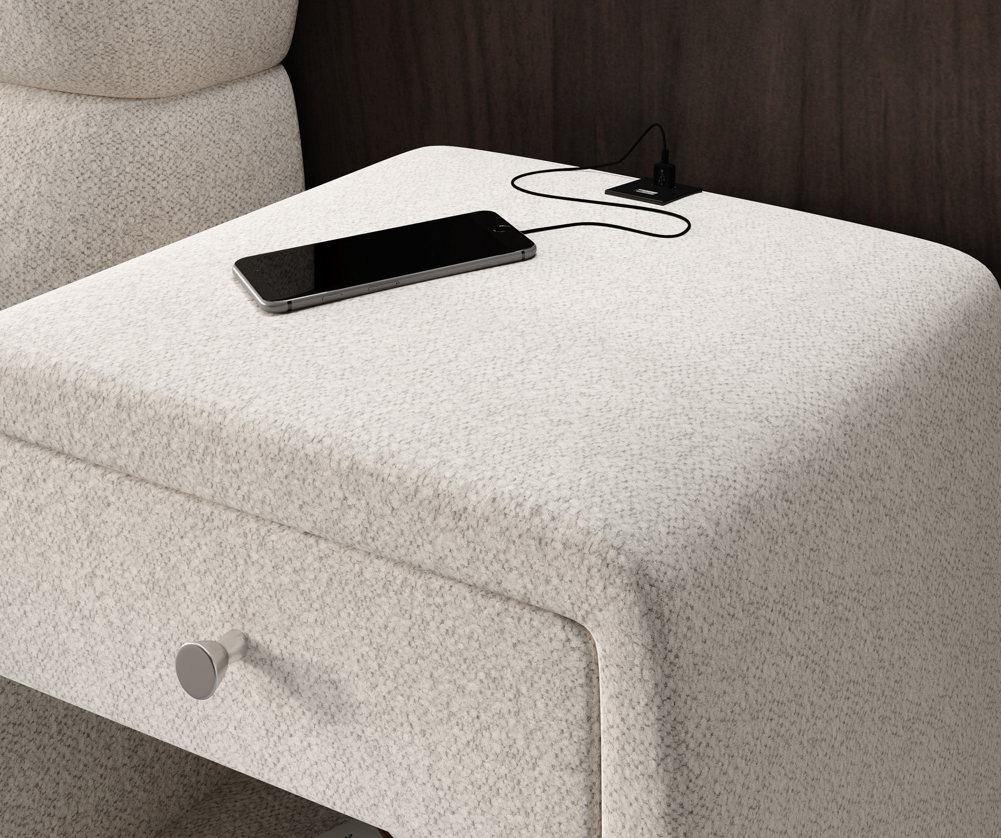 Designer bedside table Lilly with USB port in textured fabric