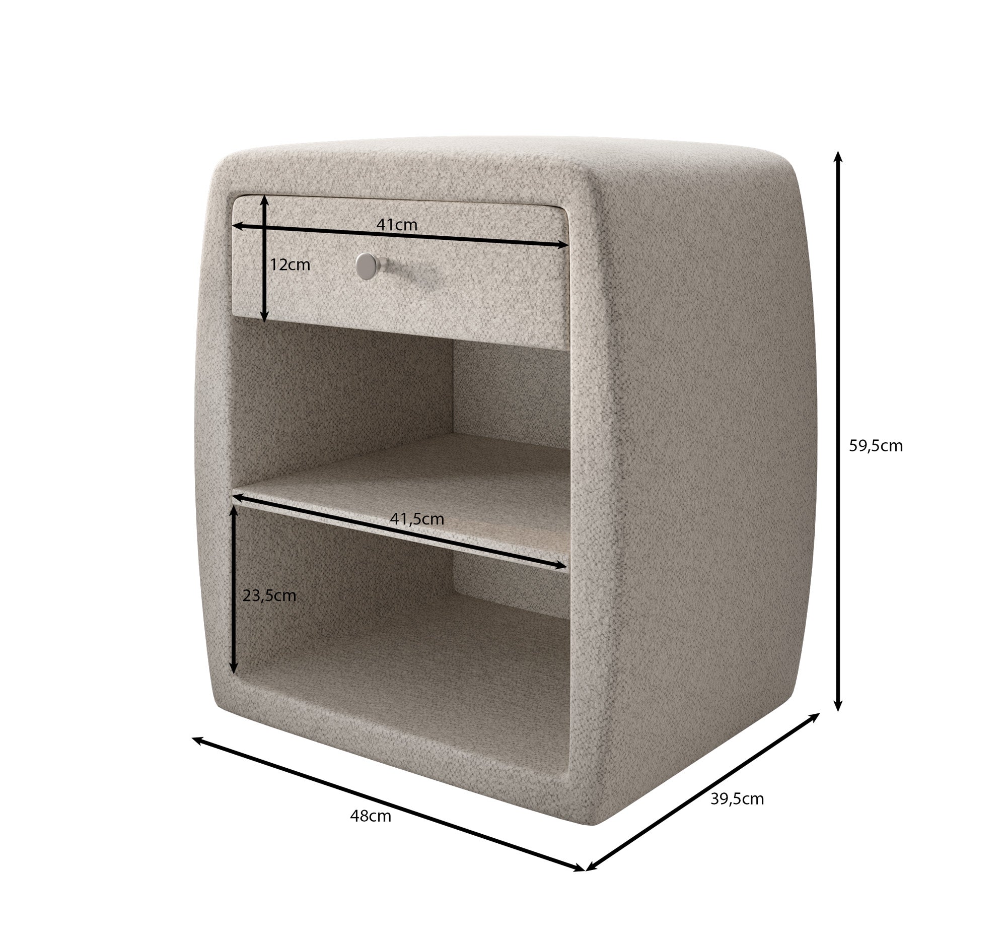 Designer bedside table Lilly with USB port in textured fabric