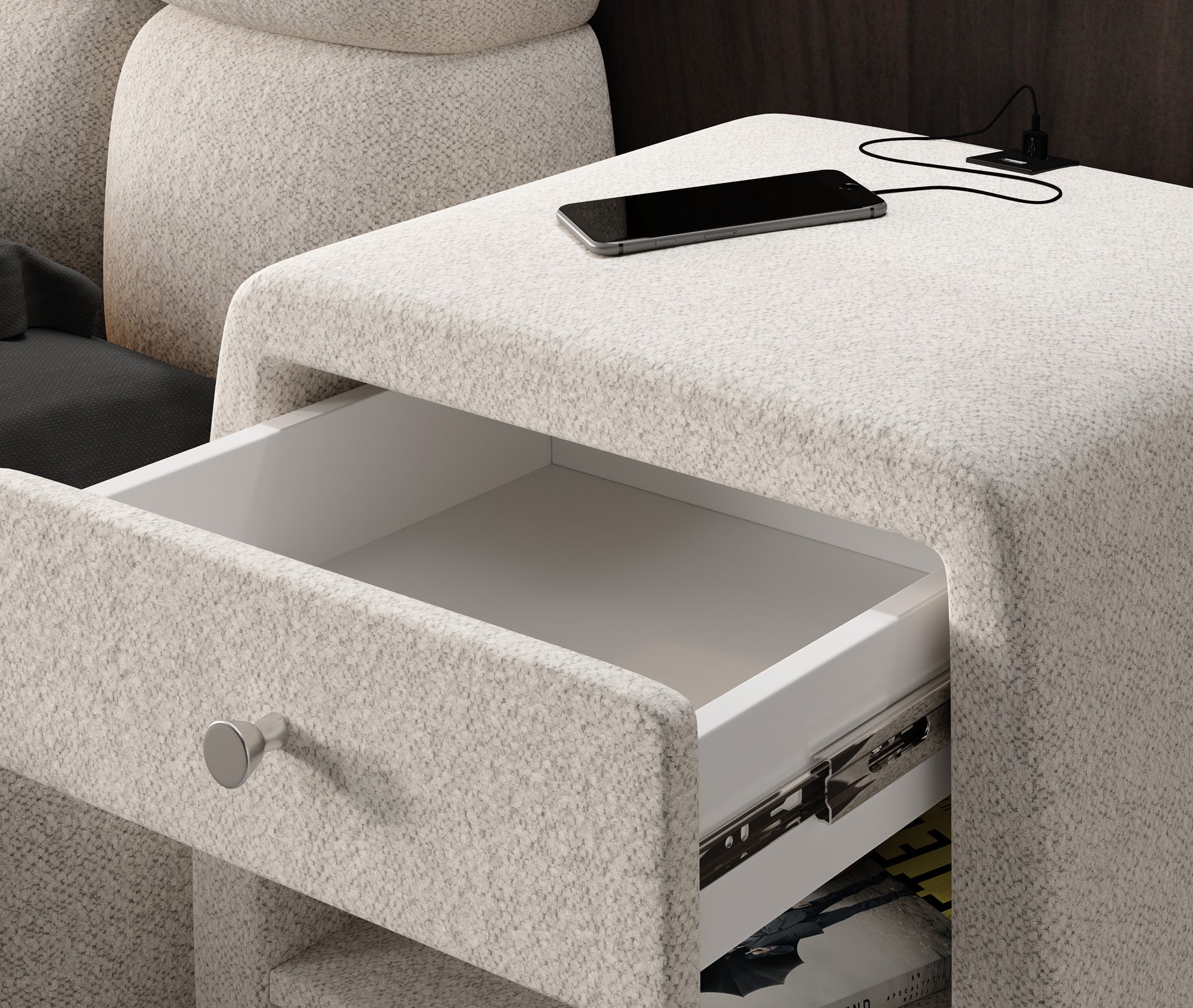 Designer bedside table Lilly with USB port in textured fabric