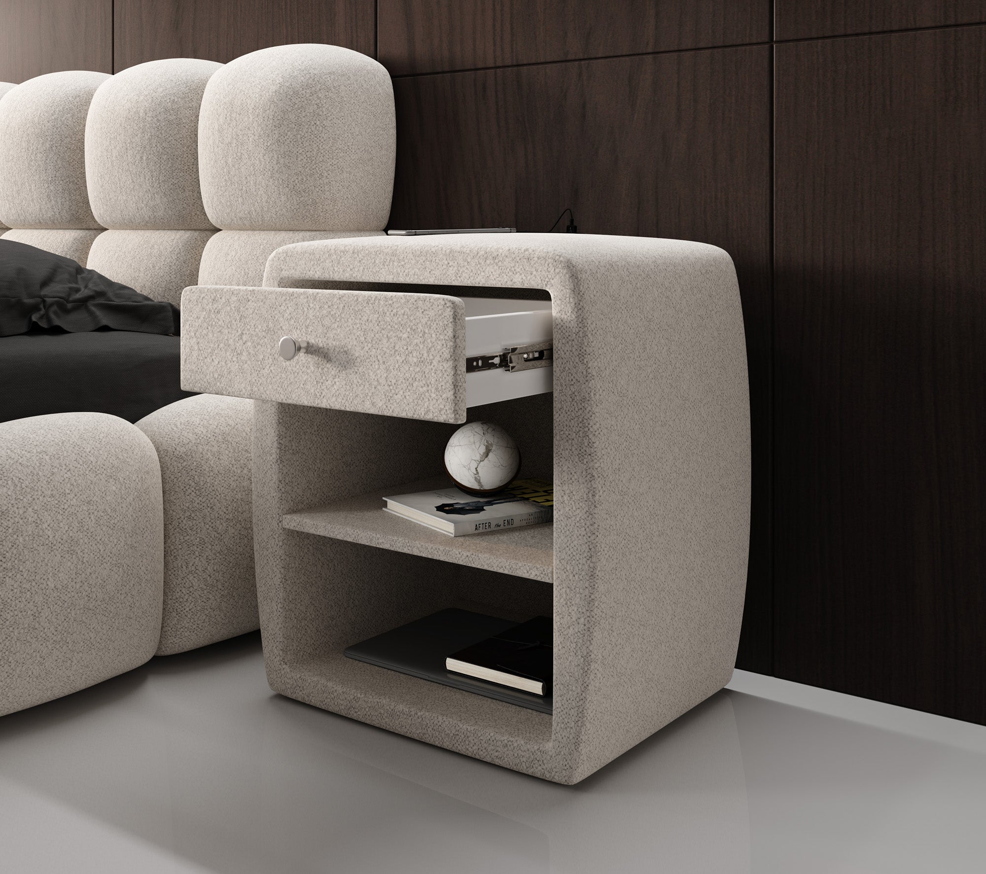 Designer bedside table Lilly with USB port in textured fabric