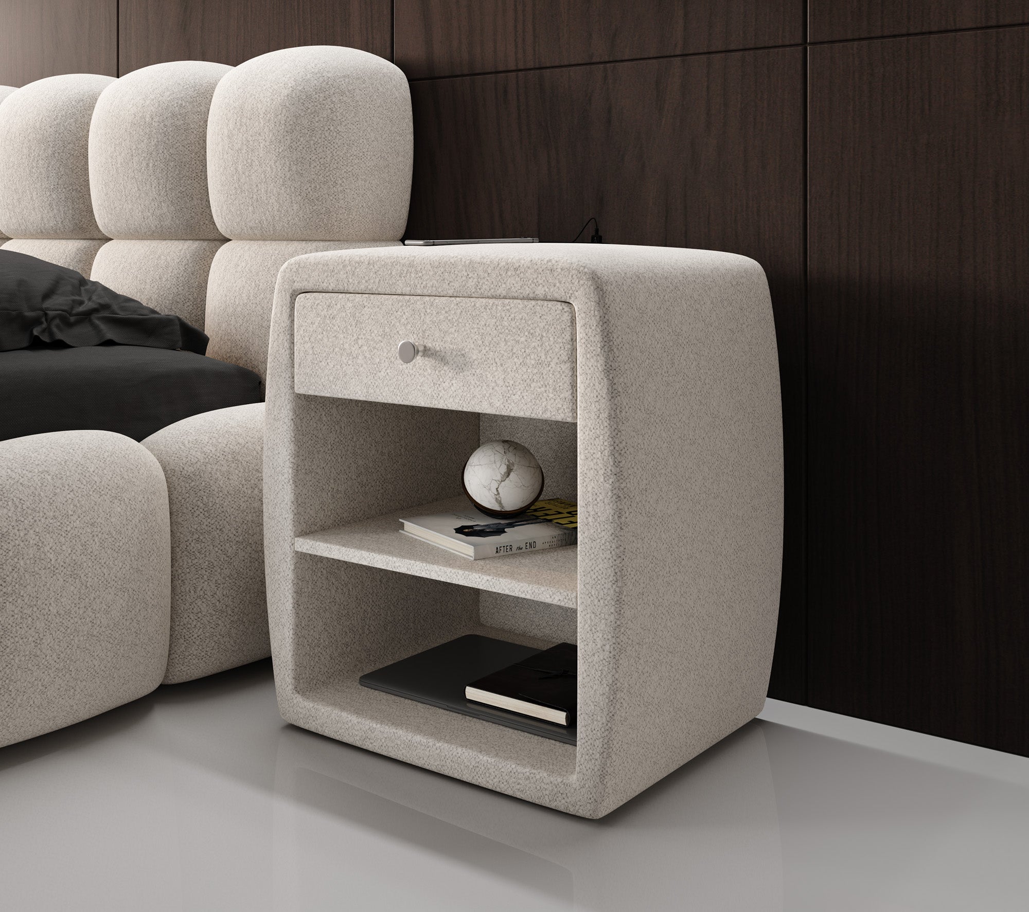 Designer bedside table Lilly with USB port in textured fabric