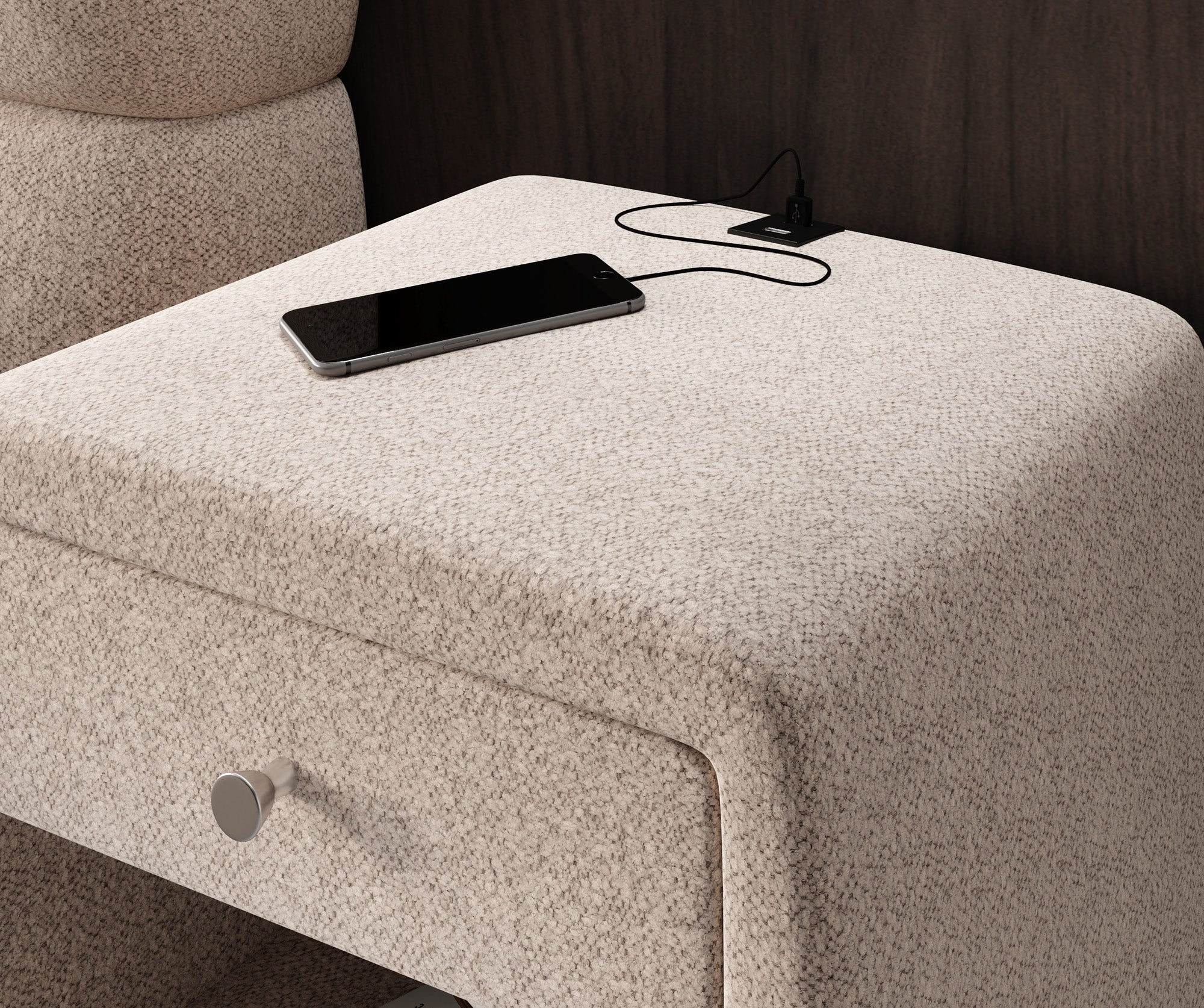 Designer bedside table Lilly with USB port in textured fabric