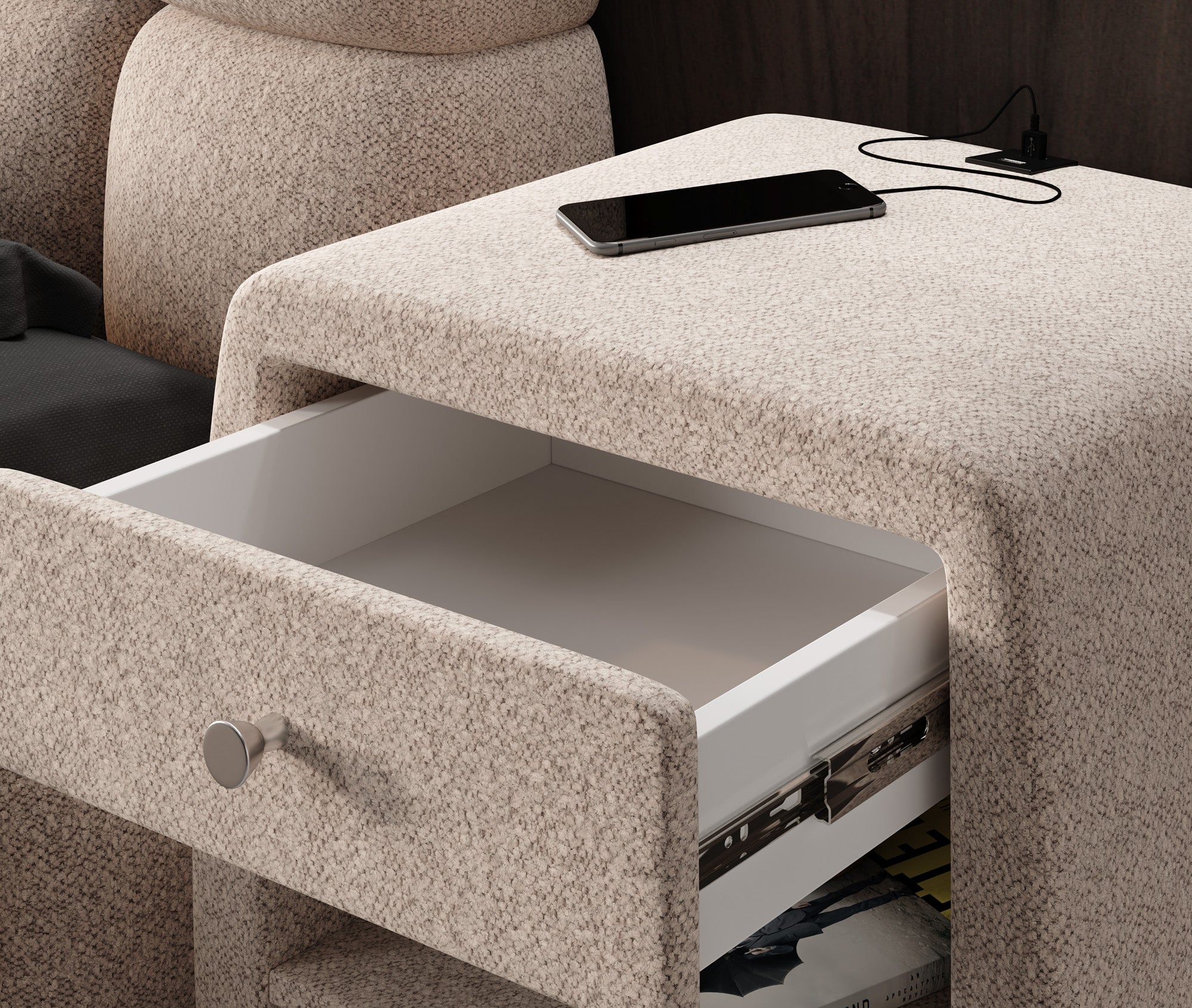 Designer bedside table Lilly with USB port in textured fabric