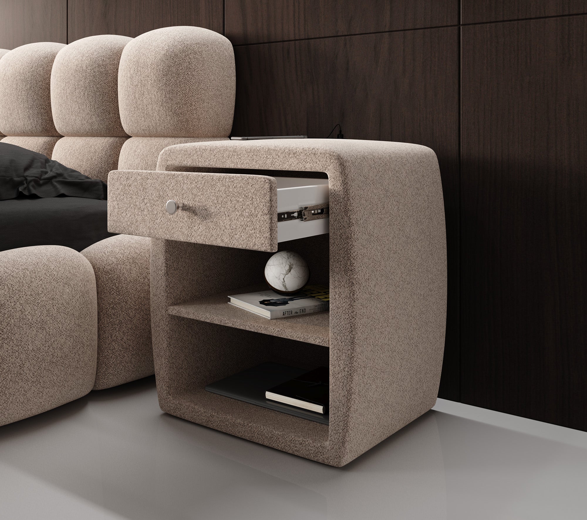 Designer bedside table Lilly with USB port in textured fabric