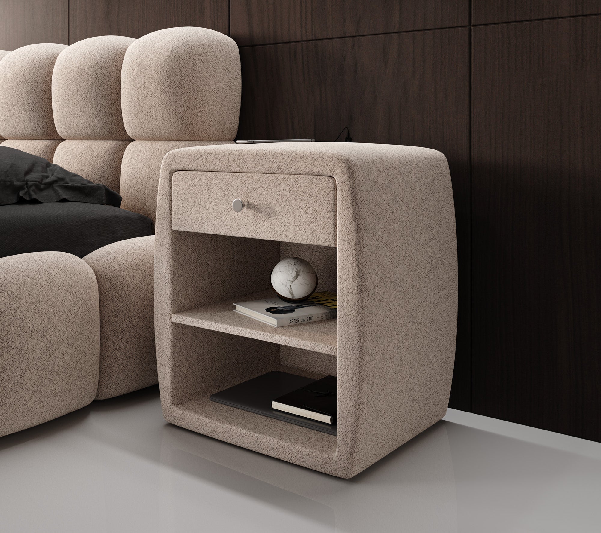 Designer bedside table Lilly with USB port in textured fabric
