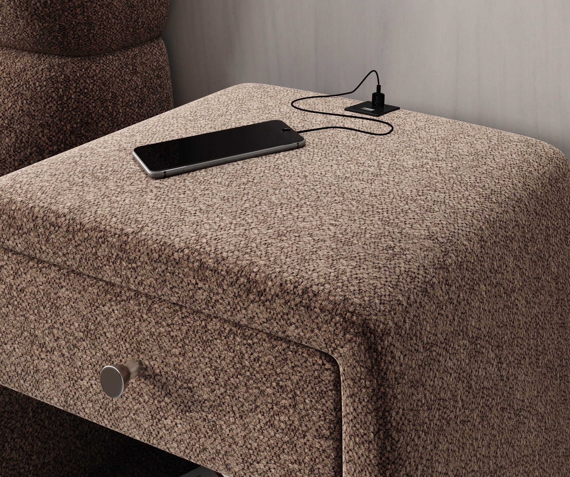 Designer bedside table Lilly with USB port in textured fabric