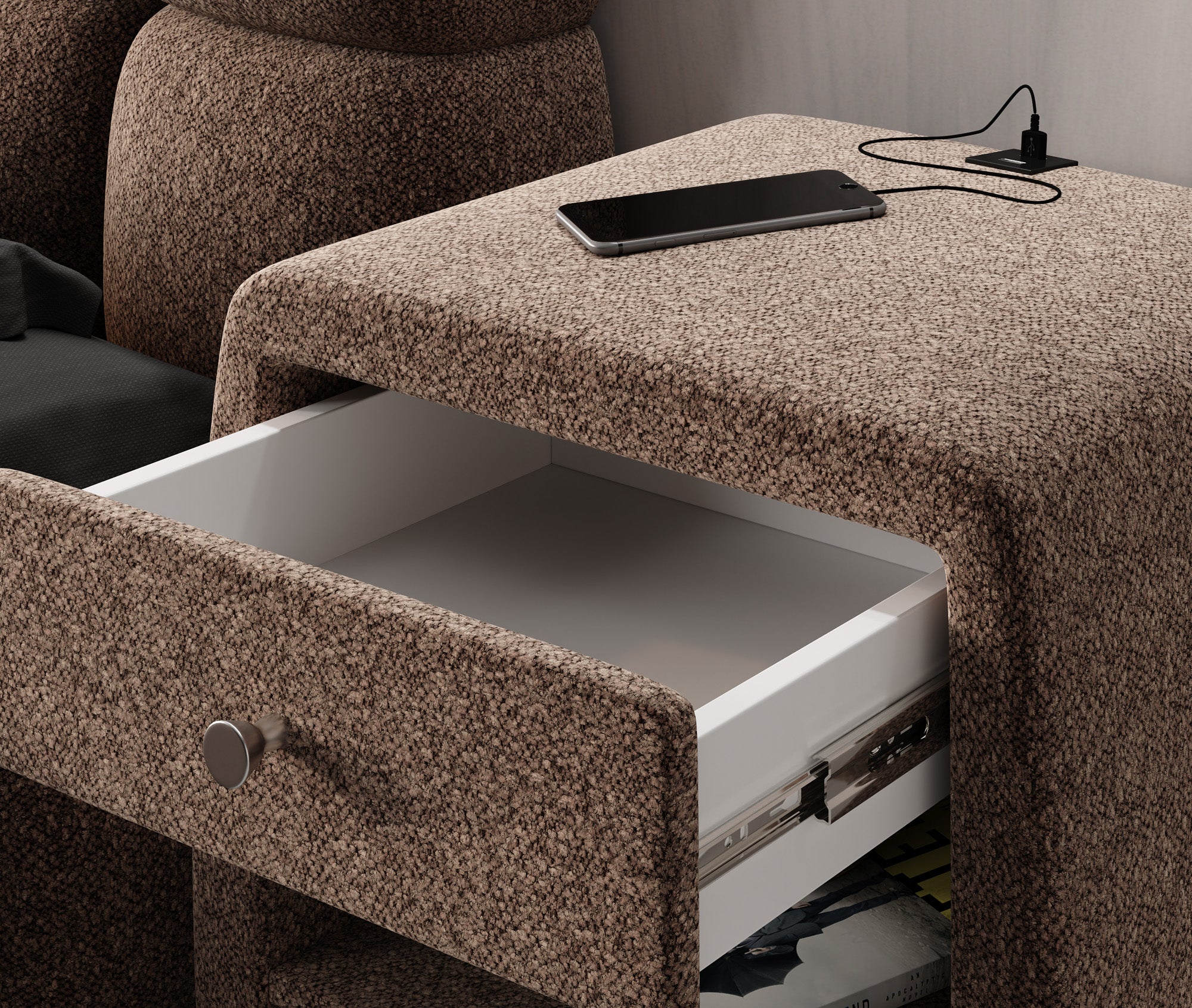 Designer bedside table Lilly with USB port in textured fabric
