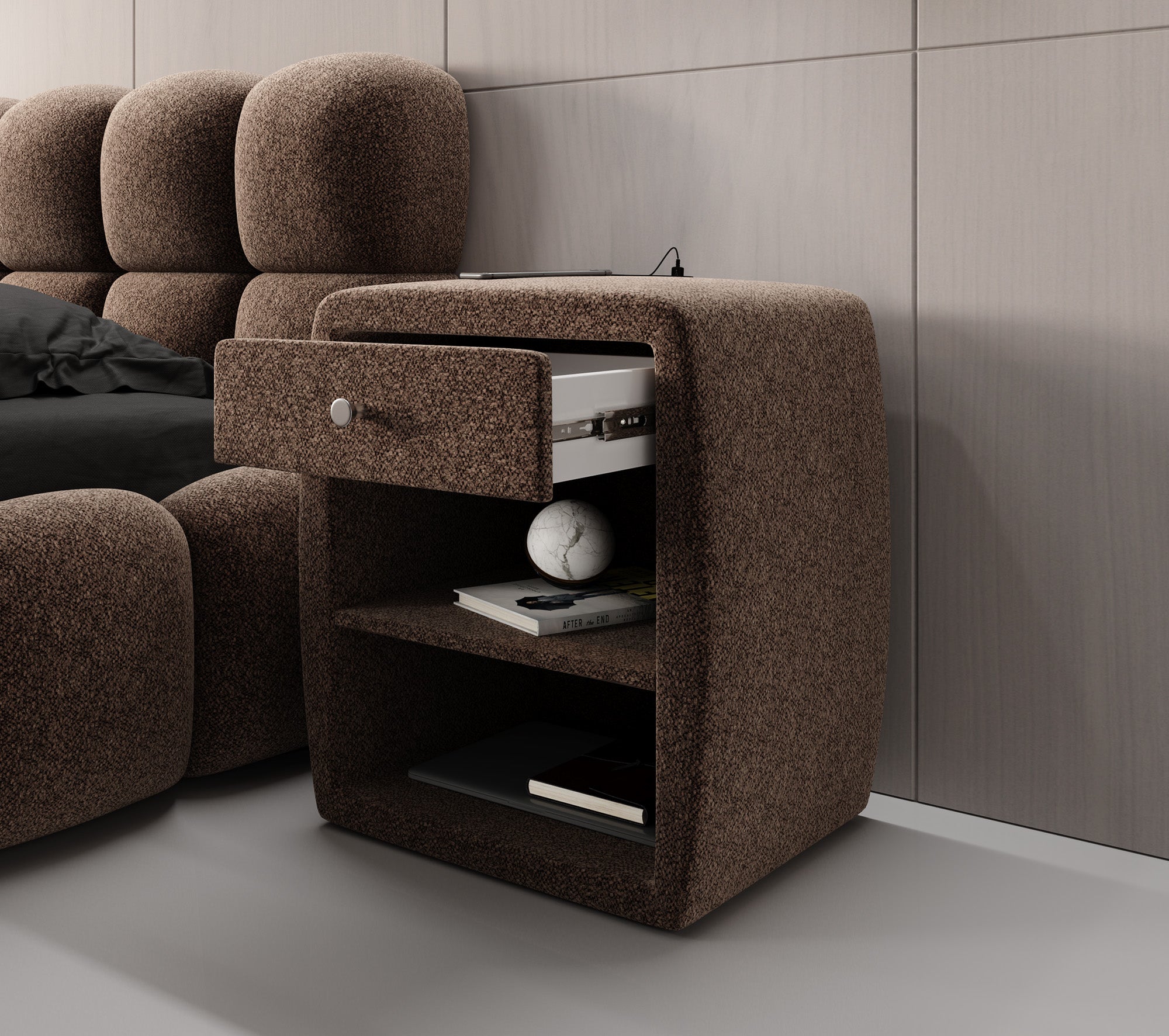 Designer bedside table Lilly with USB port in textured fabric