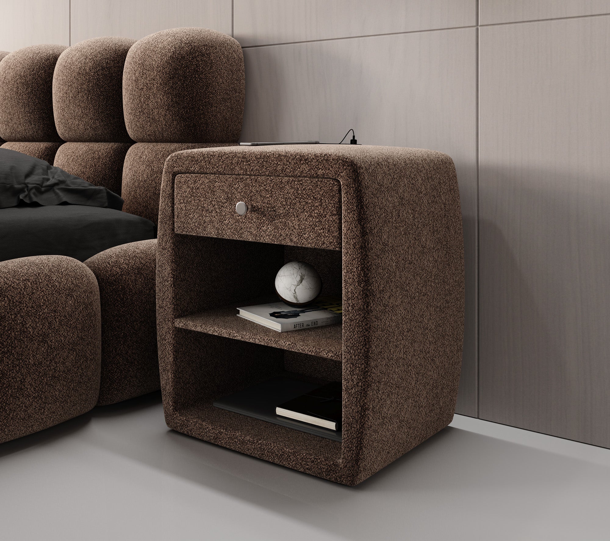 Designer bedside table Lilly with USB port in textured fabric