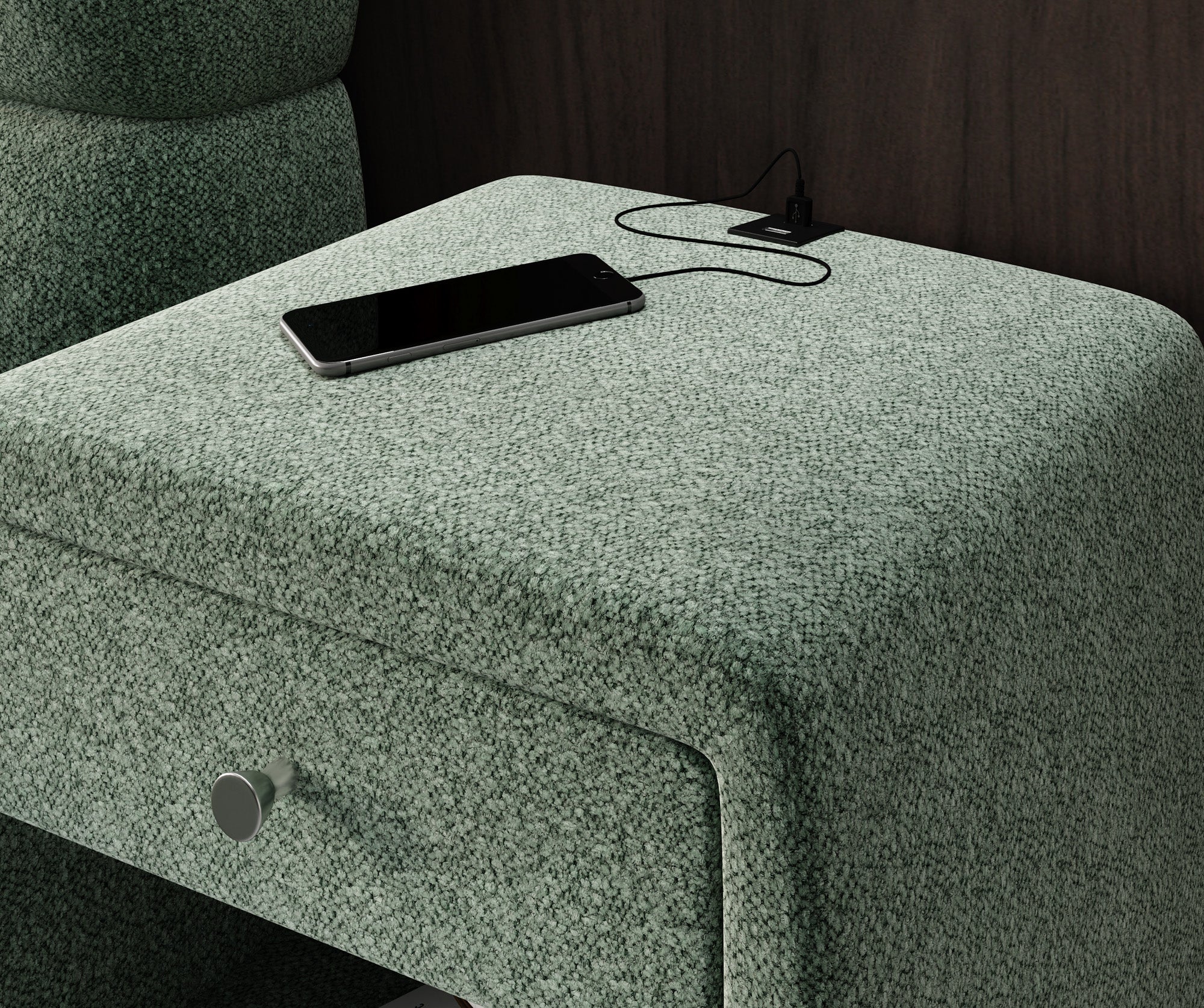 Designer bedside table Lilly with USB port in textured fabric