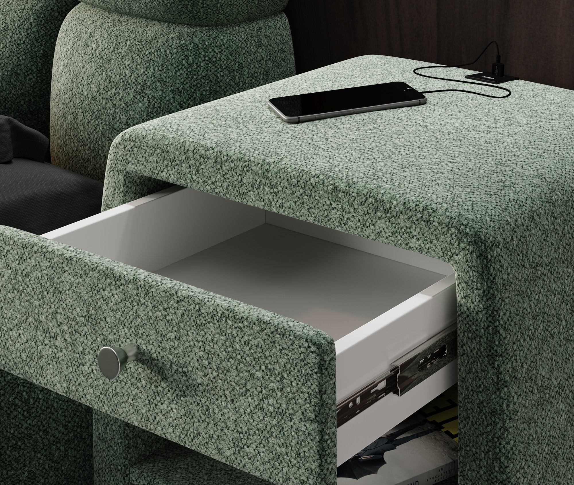 Designer bedside table Lilly with USB port in textured fabric