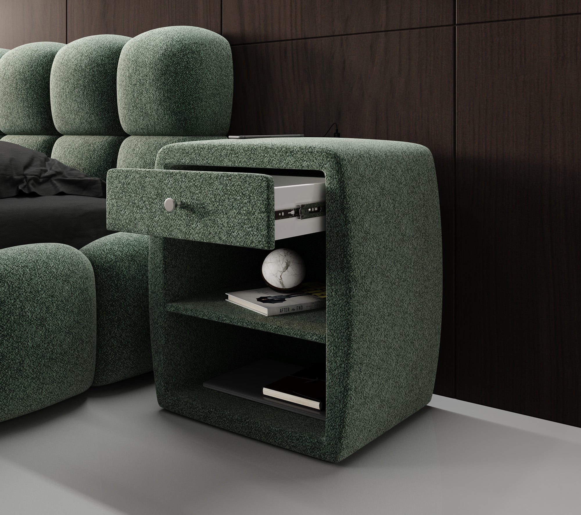 Designer bedside table Lilly with USB port in textured fabric