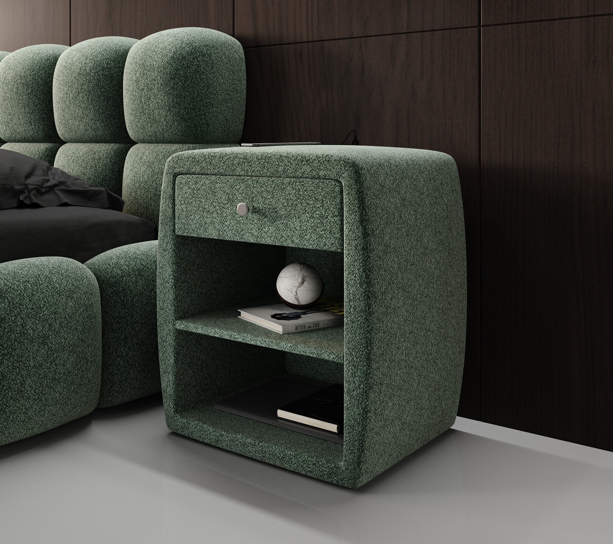 Designer bedside table Lilly with USB port in textured fabric