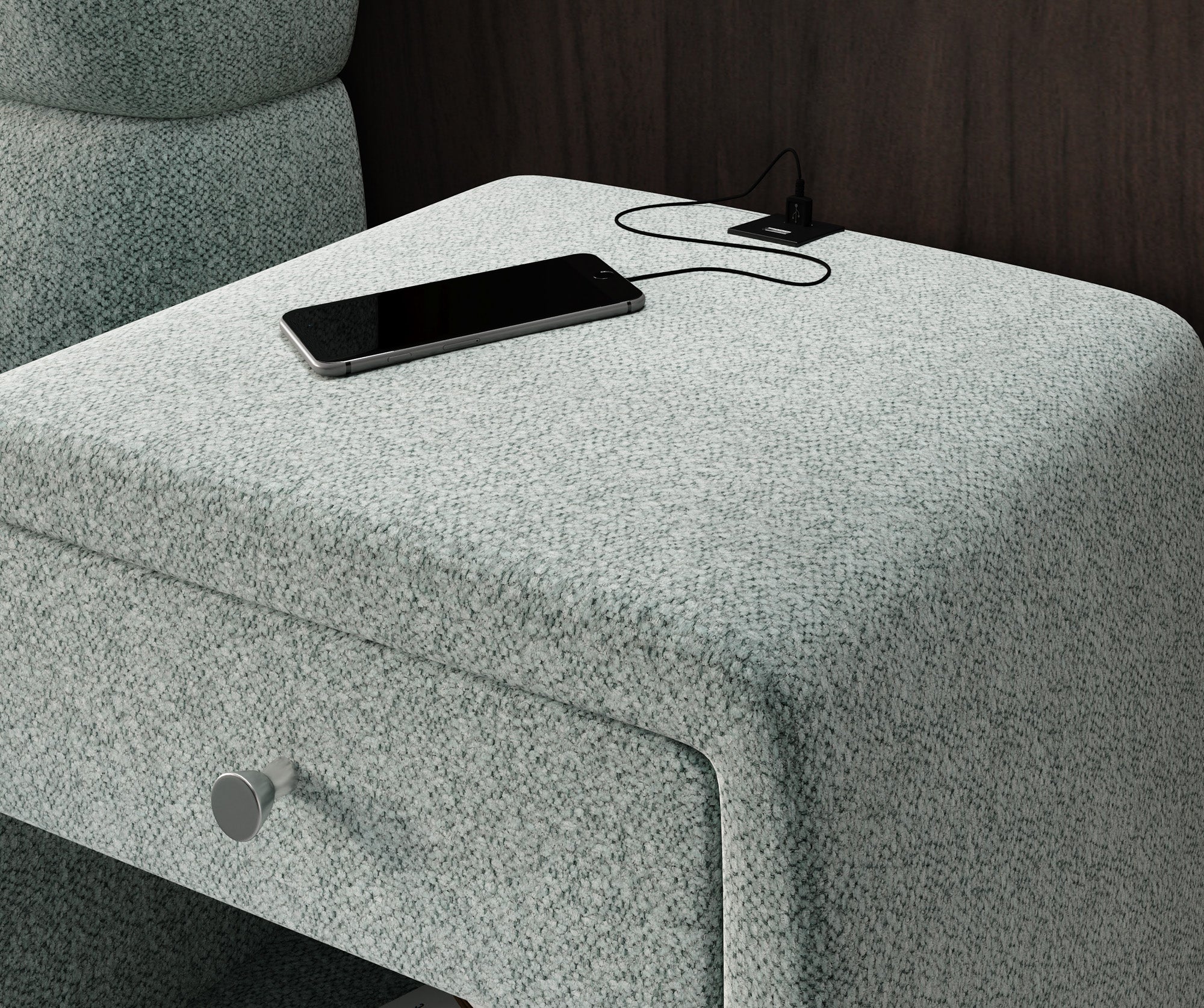 Designer bedside table Lilly with USB port in textured fabric