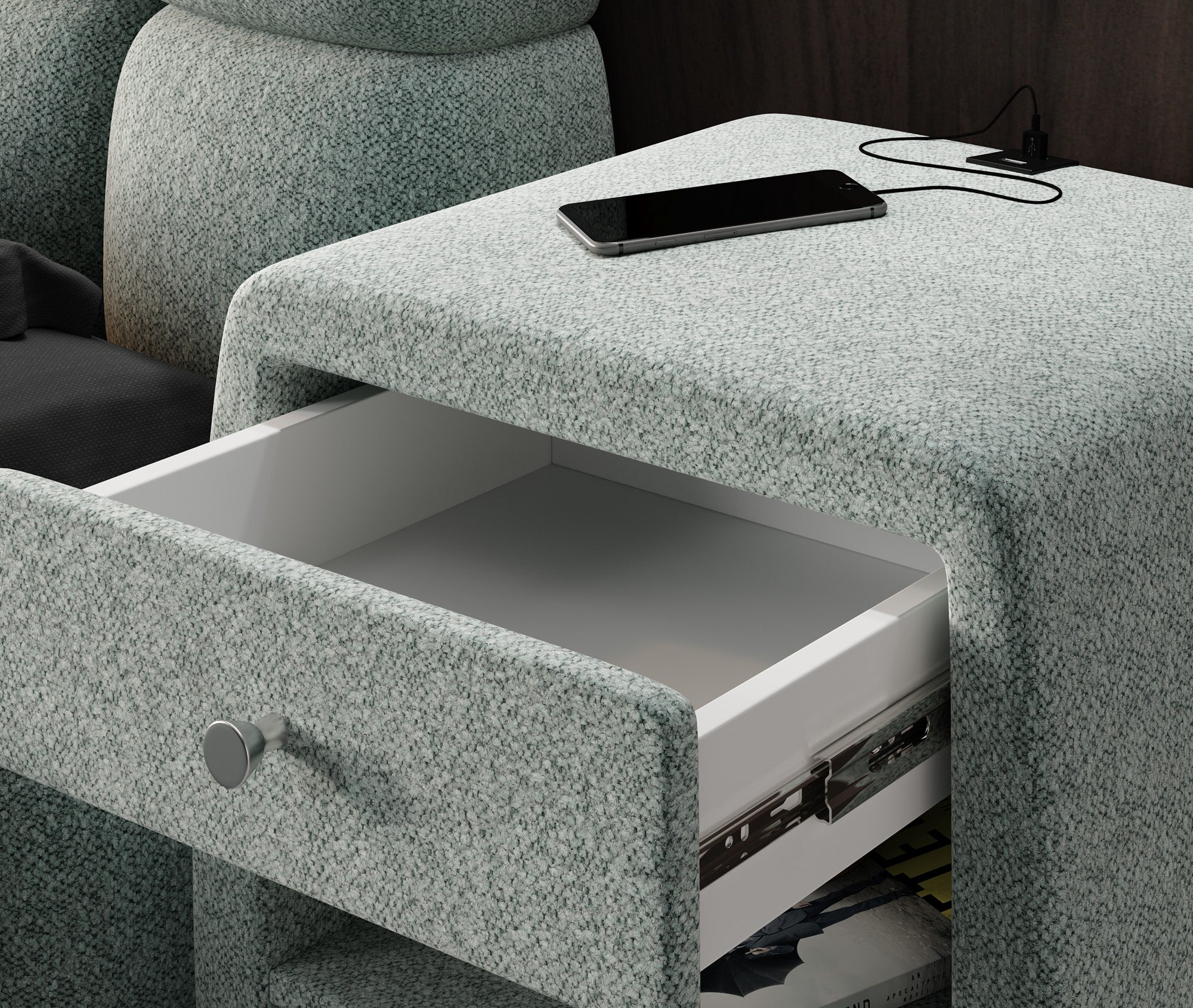 Designer bedside table Lilly with USB port in textured fabric