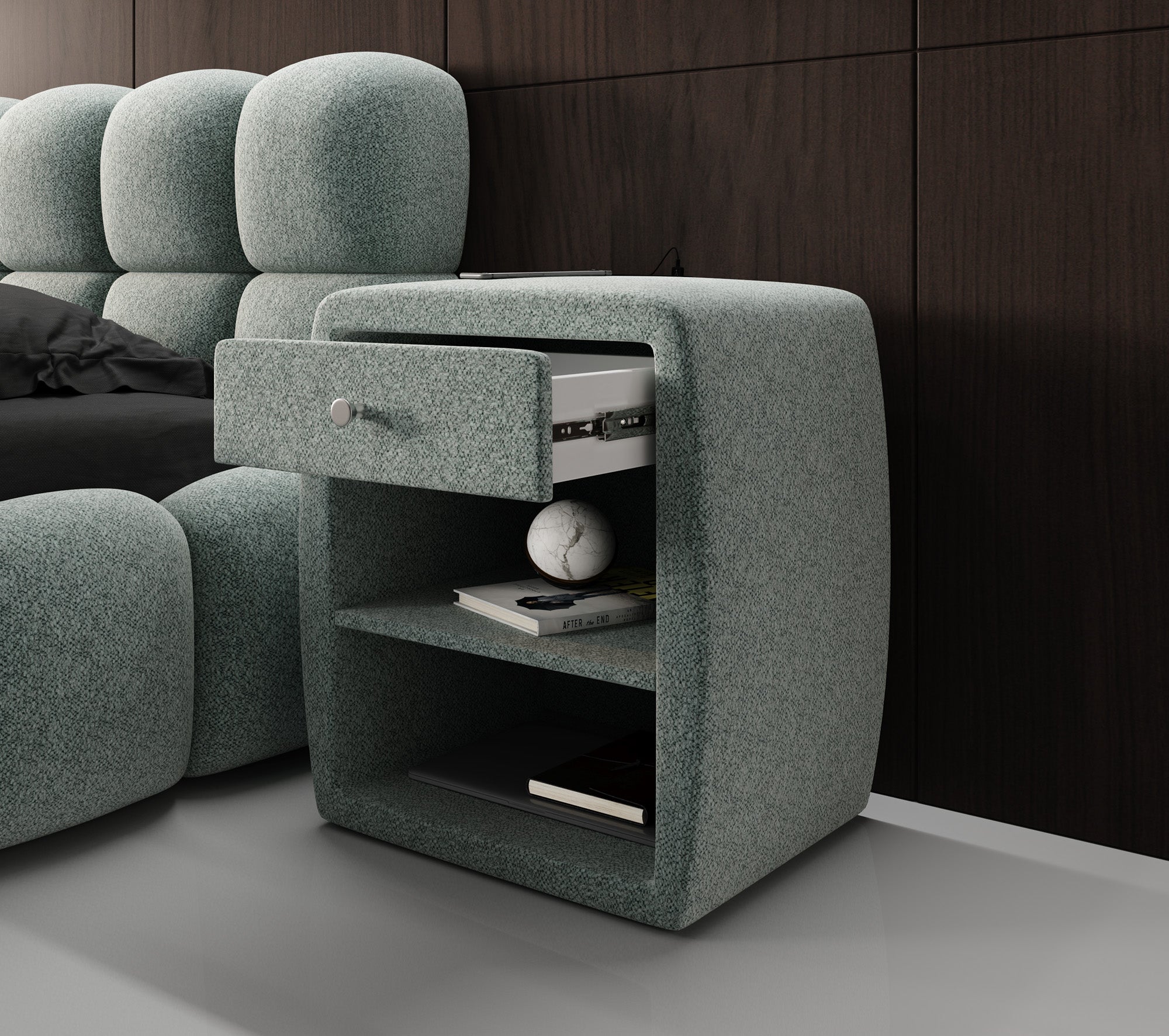 Designer bedside table Lilly with USB port in textured fabric