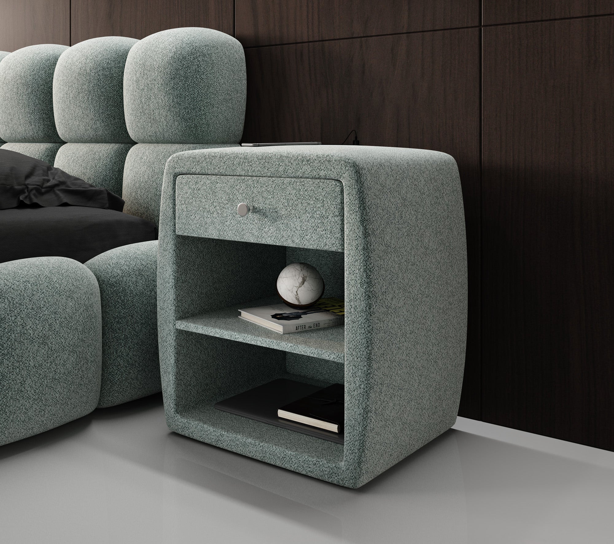 Designer bedside table Lilly with USB port in textured fabric