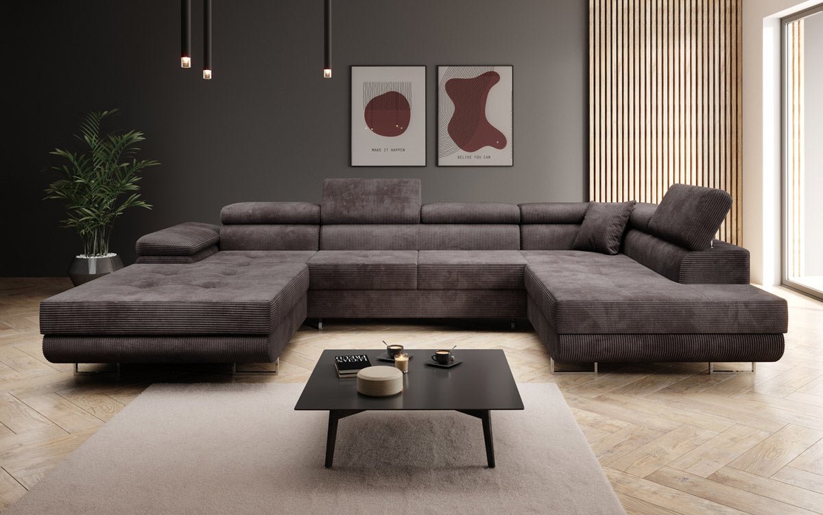 Designer Sofa Lago with sleeping and folding function in corduroy