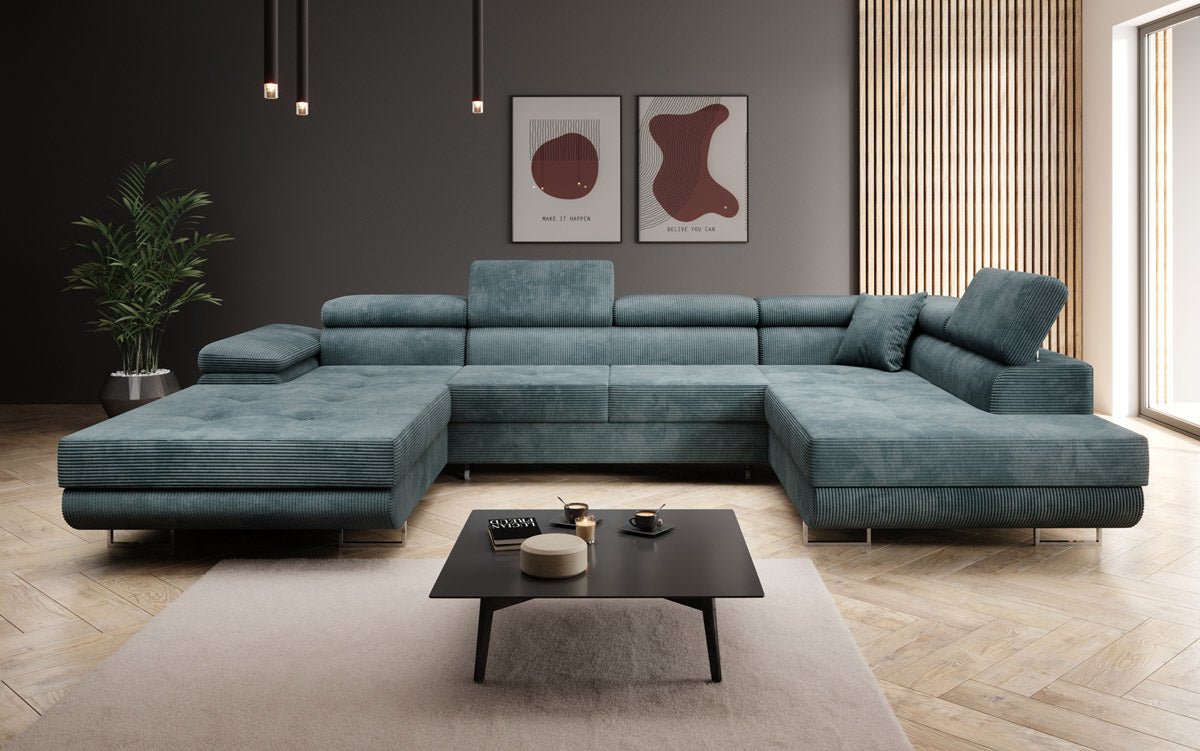Designer Sofa Lago with sleeping and folding function in corduroy