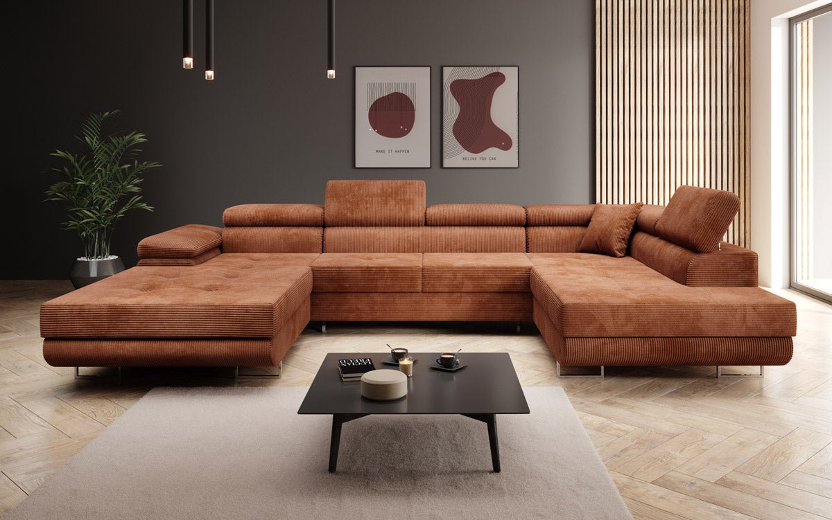 Designer Sofa Lago with sleeping and folding function in corduroy