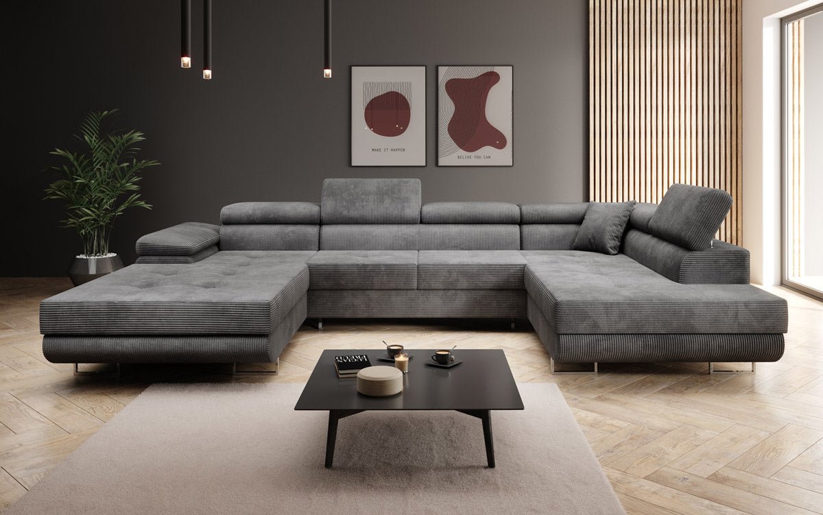 Designer Sofa Lago with sleeping and folding function in corduroy