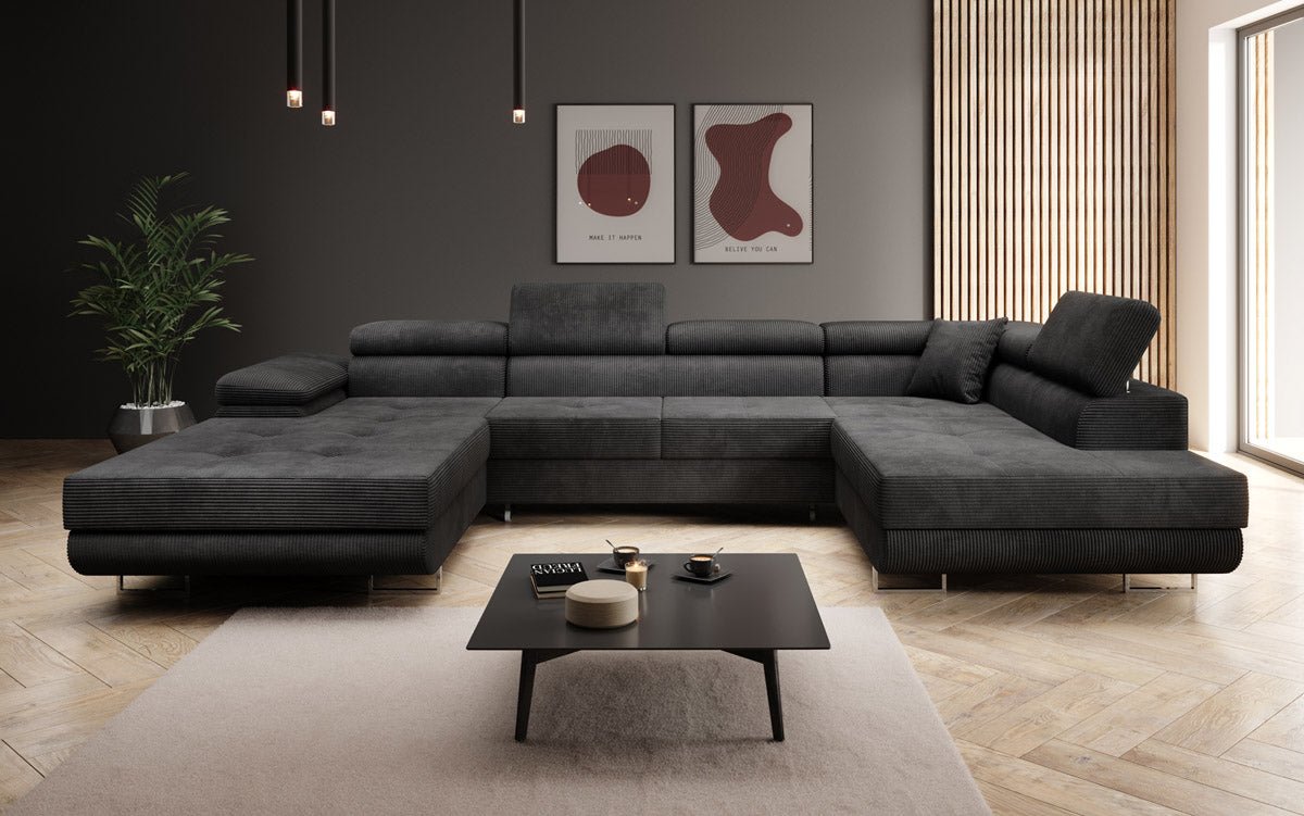 Designer Sofa Lago with sleeping and folding function in corduroy