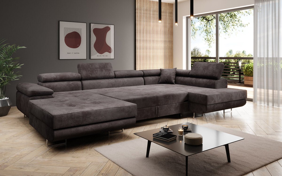 Designer Sofa Lago with sleeping and folding function in corduroy