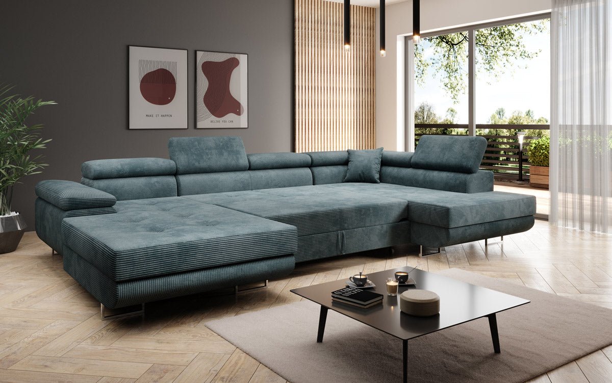 Designer Sofa Lago with sleeping and folding function in corduroy