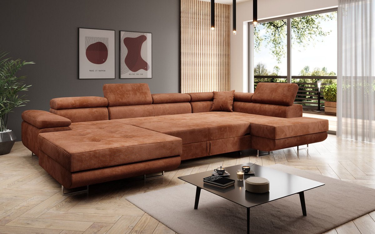 Designer Sofa Lago with sleeping and folding function in corduroy