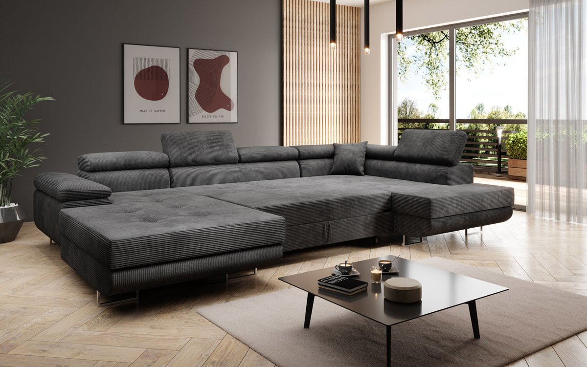 Designer Sofa Lago with sleeping and folding function in corduroy