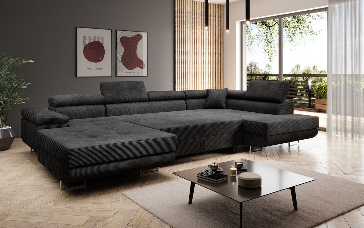 Designer Sofa Lago with sleeping and folding function in corduroy